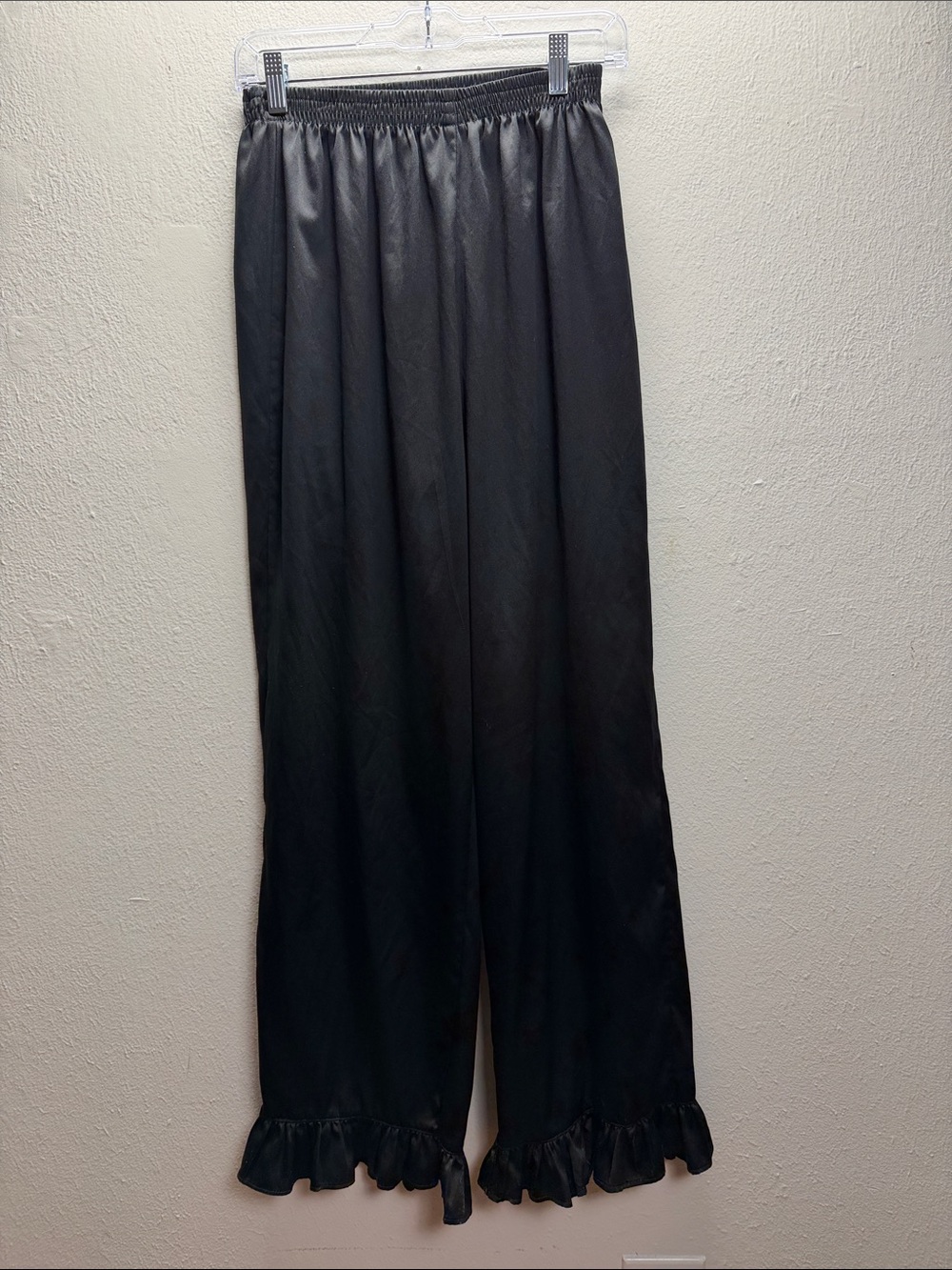 Black Men's Satin Lounge Pants with Ruffle Hem